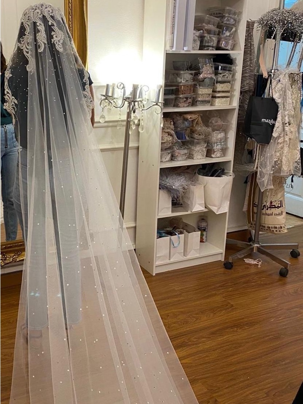Embroidered custom made Lace Cathedral Wedding Veil with Sparkle - White